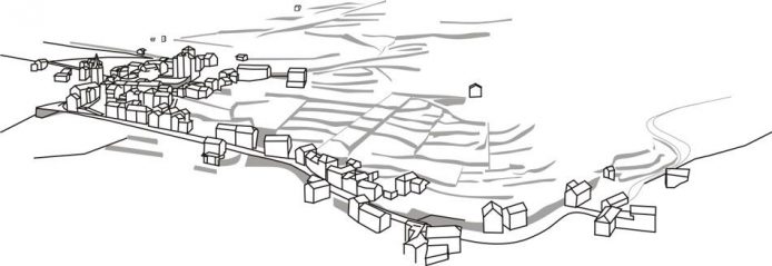A proximité du village, les terrasses (en petites parcelles) étaient destinées aux cultures vivrières. Bâti et parcelles cultivées s'adaptent à la pente.